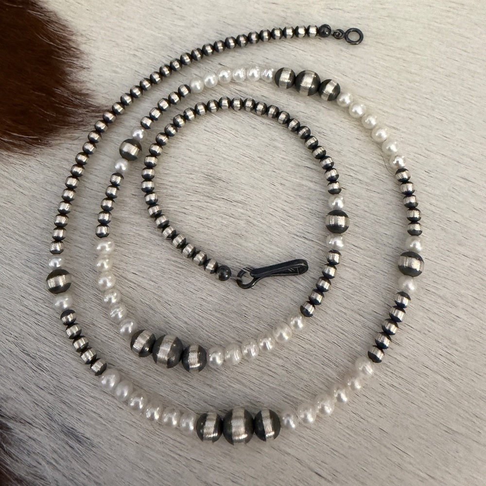 ❤️ 20” 3mm 4mm 6mm Desert Pearls & Fresh Water Pearls NativeMade Navajo Sterling